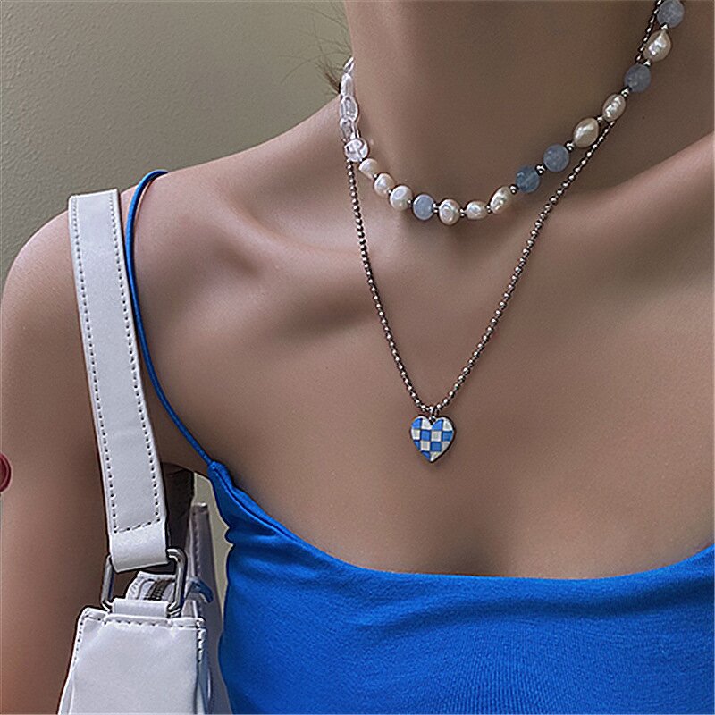 Necklace Manufacturer - Vintage Retro Checkerboard Love Pendant Beads Heart Checkered