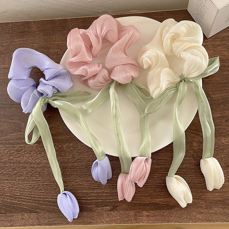 Hair Ties Manufacturer - Cute Elastic Flower Scrunchi Lanyard Mesh Gauze Chiffon Bows