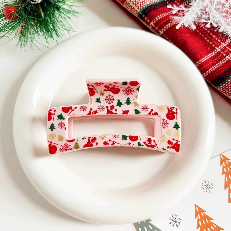 Hair Clips Manufacturer - 8.5cm Printing Elk White Pink Clear Rectangle Plastic Claw Clip