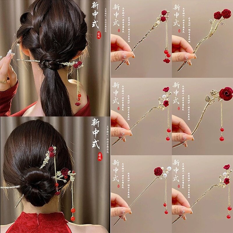 Hair Sticks Manufacturer - Vintage Red Velvet Rose Flower U Pins Pearl Rhinestone Metal