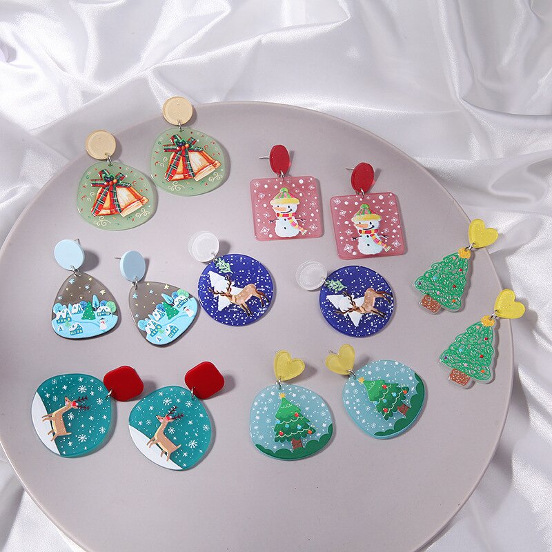 Earrings Manufacturer - Women Girls Cute Embossed Bell Reindeer Snowman Tree Acrylic
