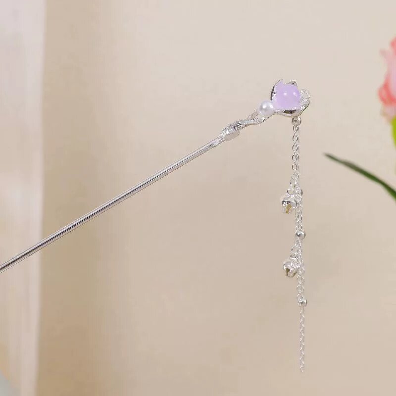 Hair Pins Manufacturer - Chinese Long Fork Clip Hanfu Opal Stone Flower Chop Sticks
