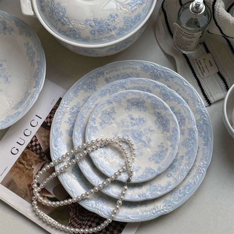 Ceramic Dinnerware Set Manufacturer - Customized Blue Flower Embossed Lace Romantic Dessert Charger for Wedding