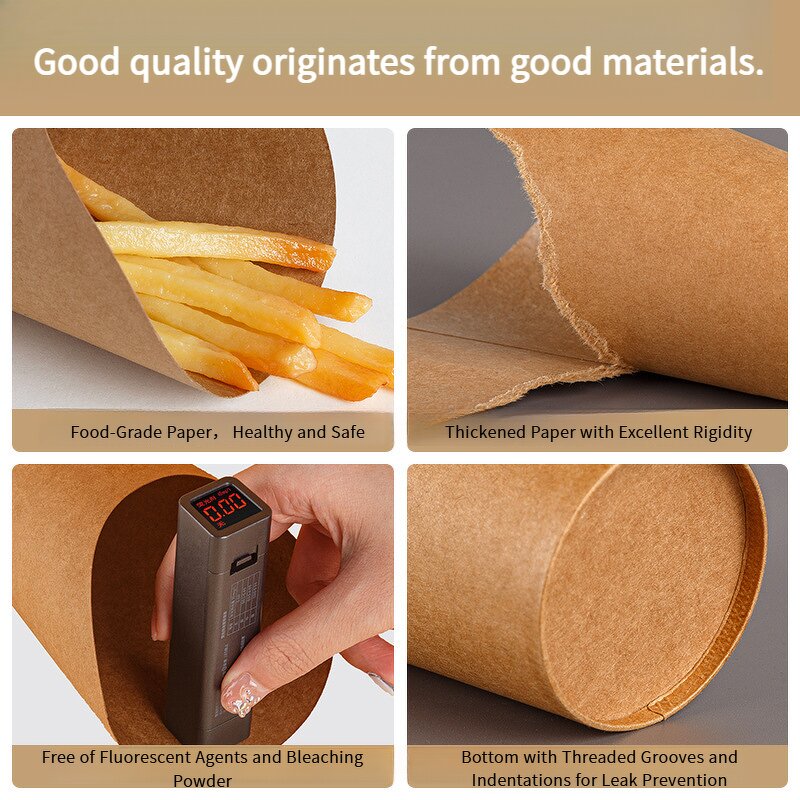 Disposable Food Cup Manufacturer - Customized Slanted-Edge Kraft Paper Fries Gold Bead OPP Individually Packaged Bamboo Stick