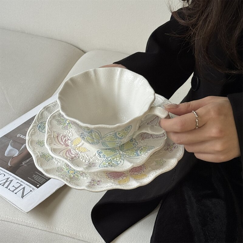 Ceramic Dinnerware Set Manufacturer - Vintage Butterfly Lace Embossed Porcelain Plate Cup Saucer