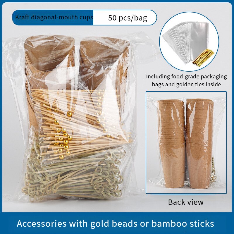 Disposable Food Cup Manufacturer - Customized Slanted-Edge Kraft Paper Fries Gold Bead OPP Individually Packaged Bamboo Stick