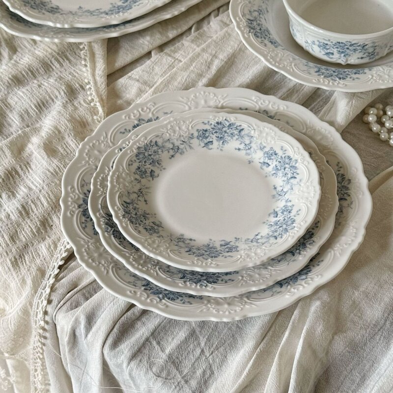 Ceramic Dinnerware Manufacturer - Vintage Embossed French Blue Begonia Flower Coffee Cup Saucer Plates Bowls