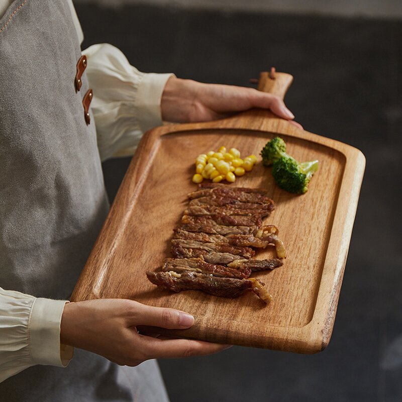 Wood Steak Plate Manufacturer - Luxury Acacia with Handle Solid Sustainable BBQ Food Serving Tray Elegant Dinner Dish for Home Restaurant