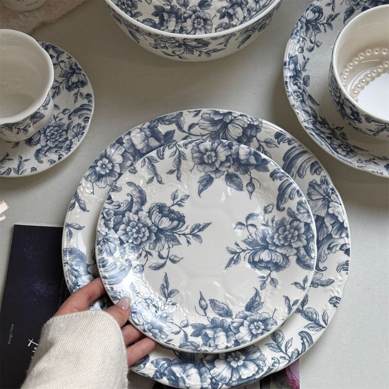 Ceramic Dinnerware Set Manufacturer - Vintage Blue Floral Embossed Decorative Plates Bowls Cups for Wedding