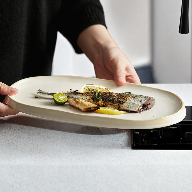 Porcelain Dinner Plate Manufacturer - Beige Rustic Eco-Friendly Oblong Ceramic Oval Serving Platter Fish Dishes for Restaurant