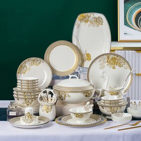 Bone China Dinnerware Set Manufacturer - Luxury 62pcs Fine Flower Bowls Plates Gold Rimmed