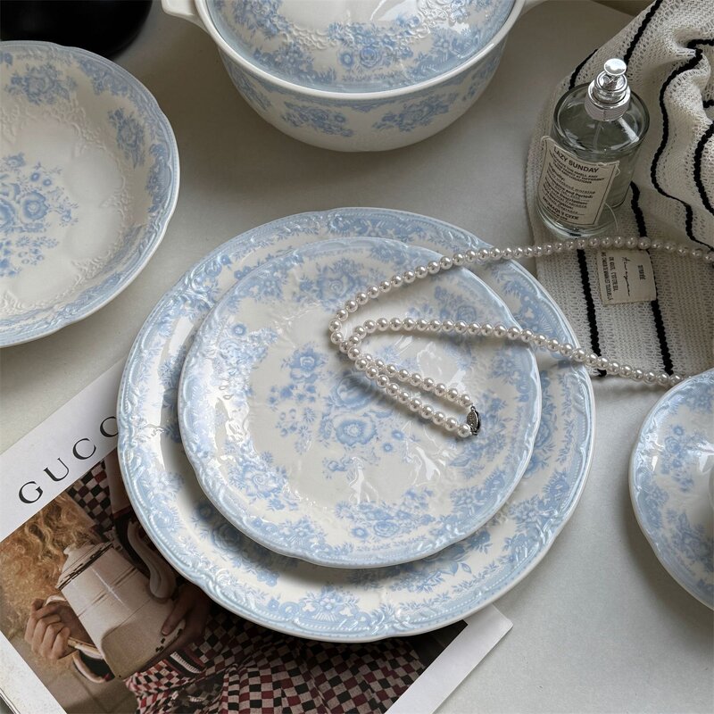 Ceramic Dinnerware Set Manufacturer - Customized Blue Flower Embossed Lace Romantic Dessert Charger for Wedding