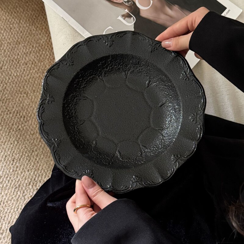 Ceramic Dinnerware Set Manufacturer - Vintage French Black Matte Embossed Lace Dinner Plates and Dishes