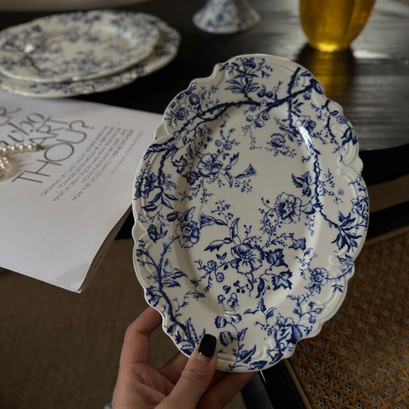 Ceramic Dinner Plate Set Manufacturer - European Embossed Blue Floral Printed Vintage Porcelain for Wedding