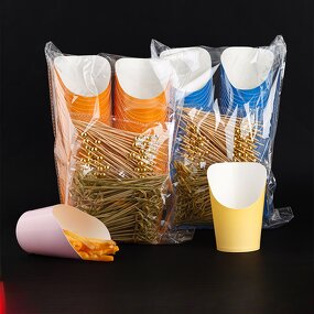 Disposable Food Cup Manufacturer - Customized Slanted-Edge Kraft Paper Fries Gold Bead OPP Individually Packaged Bamboo Stick
