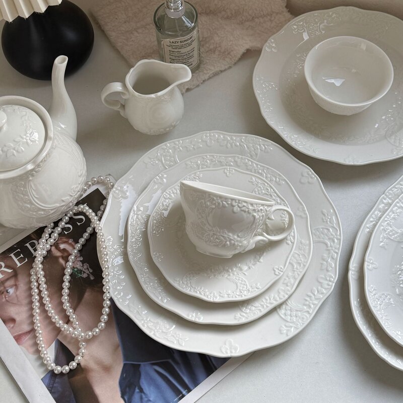 Ceramic Dinnerware Set Manufacturer - White Porcelain Embossed Relief Tea Pot Set