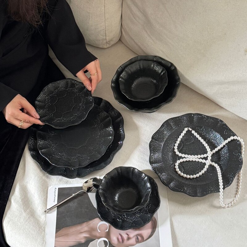 Ceramic Dinnerware Set Manufacturer - Vintage French Black Matte Embossed Lace Dinner Plates and Dishes