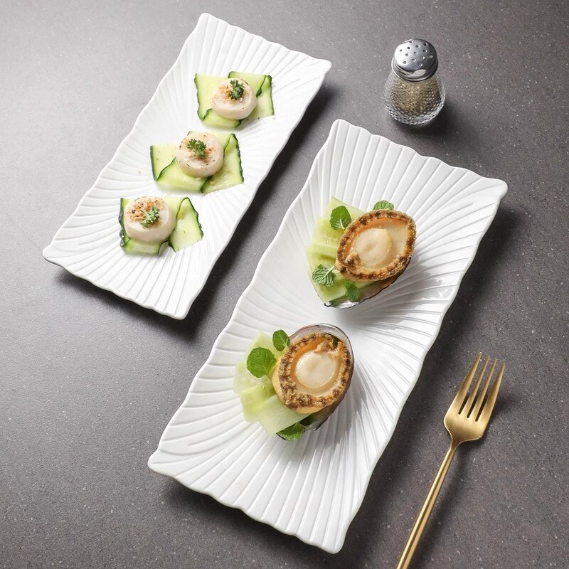 Ceramic Sushi Plate Manufacturer - Rectangle White Serving Embossed Porcelain Dinner Dish for Restaurant