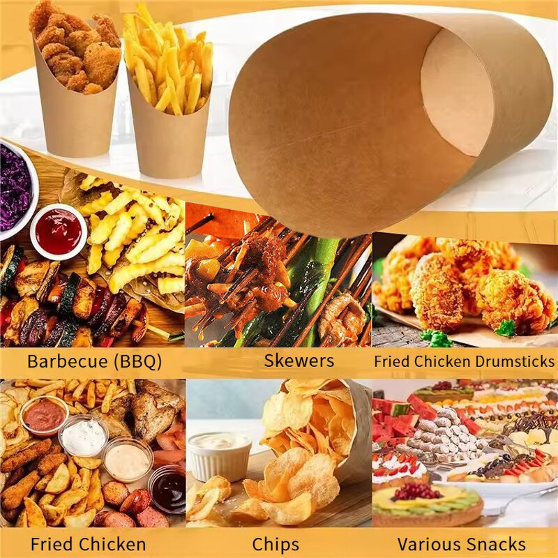 Disposable Food Cup Manufacturer - Customized Slanted-Edge Kraft Paper Fries Gold Bead OPP Individually Packaged Bamboo Stick