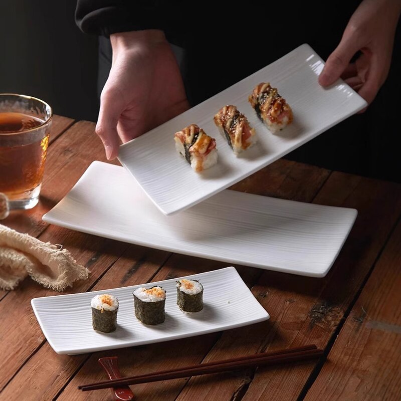 Porcelain Dinnerware Set Manufacturer - White Long Rectangle Salmon Sushi Ceramic for Restaurant