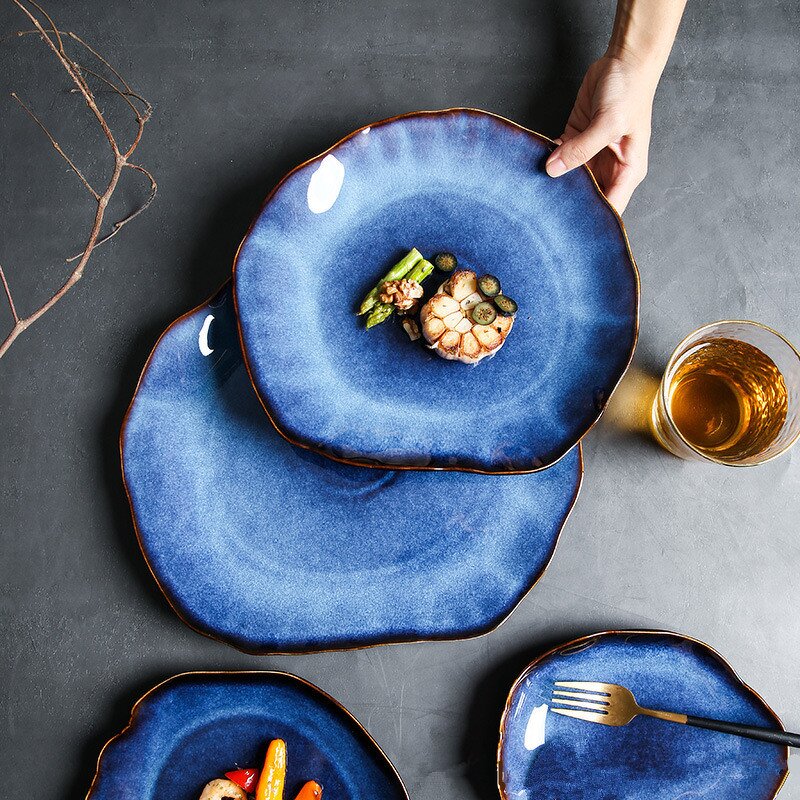 Ceramic Steak Plate Manufacturer - Japanese Kiln Change Blue Unique Irregular Porcelain Dish for Restaurant