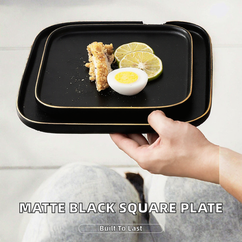 Steak Plate Manufacturer - Kitchen Supplies Tableware 6 Inch 10 Inch Gold Rim Square Matte Black for Restaurant