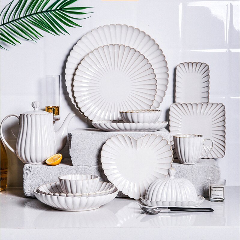 Ceramic Dinner Plate Set Manufacturer - Vintage White Flower Shape Dishes Crockery Tableware