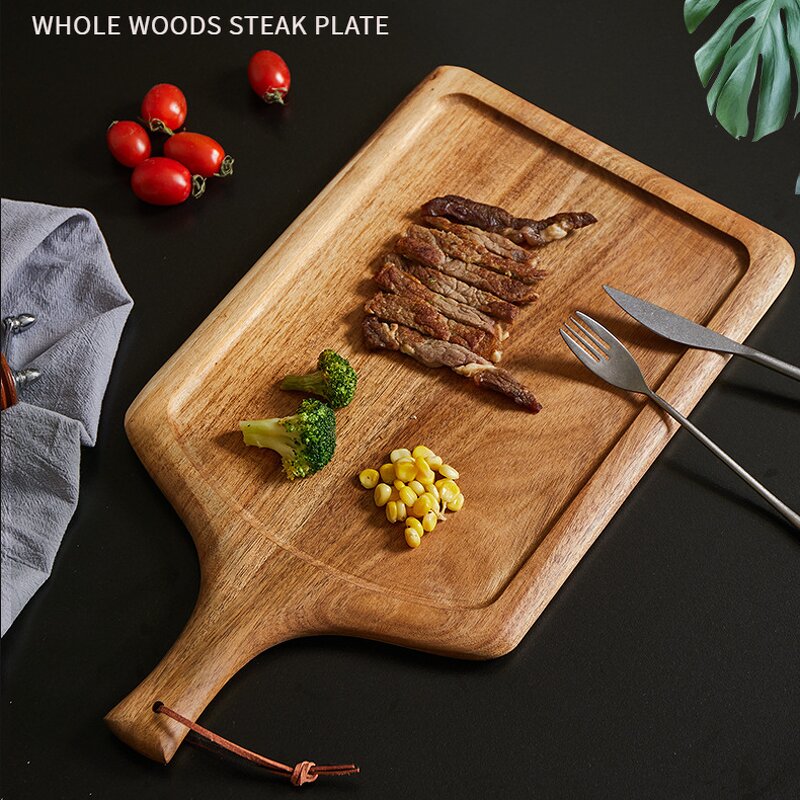Wood Steak Plate Manufacturer - Luxury Acacia with Handle Solid Sustainable BBQ Food Serving Tray Elegant Dinner Dish for Home Restaurant