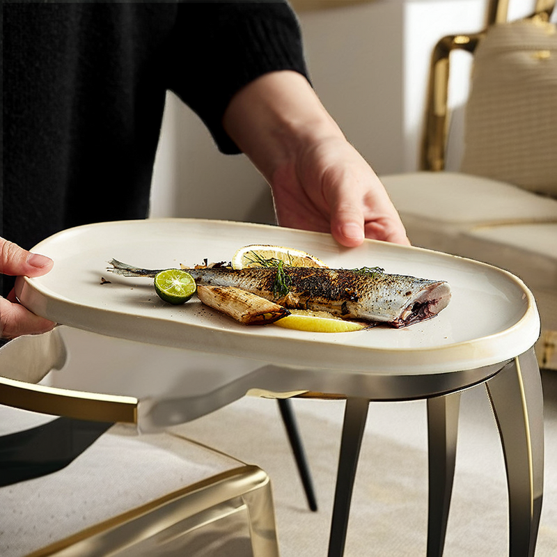 Porcelain Dinner Plate Manufacturer - Beige Rustic Eco-Friendly Oblong Ceramic Oval Serving Platter Fish Dishes for Restaurant