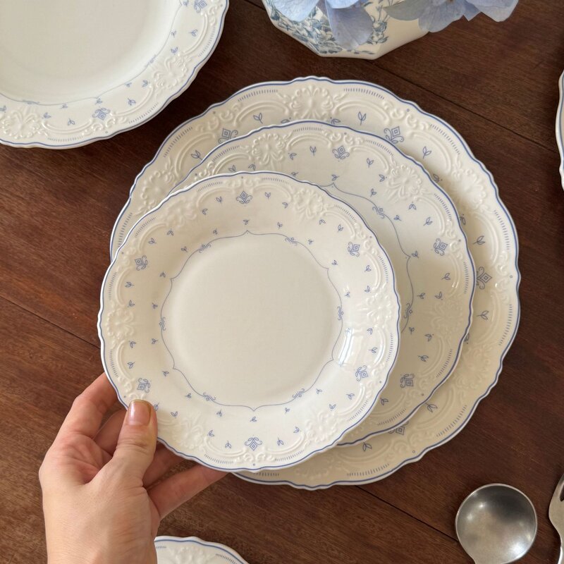 Ceramic Tableware Set Manufacturer - French Relief Blue Flower Embossed Pasta Plate and Dishes