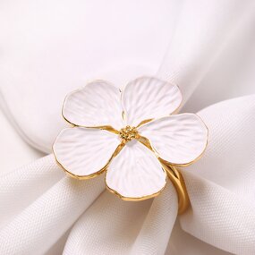 Napkin Ring Manufacturer - White Flower Bulk Holiday Gold Cloth Floral Serviette Buckles for Party Dinner Table Decor