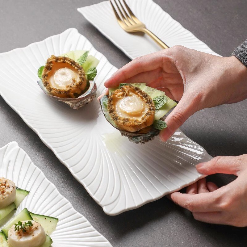 Ceramic Sushi Plate Manufacturer - Rectangle White Serving Embossed Porcelain Dinner Dish for Restaurant