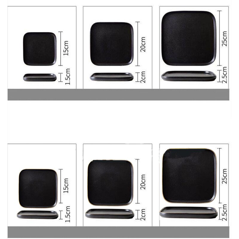 Steak Plate Manufacturer - Kitchen Supplies Tableware 6 Inch 10 Inch Gold Rim Square Matte Black for Restaurant