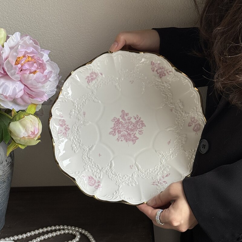 Ceramic Dessert Plate Set Manufacturer - French Style Vintage Romantic Pink Floral Embossed with Gold Rim