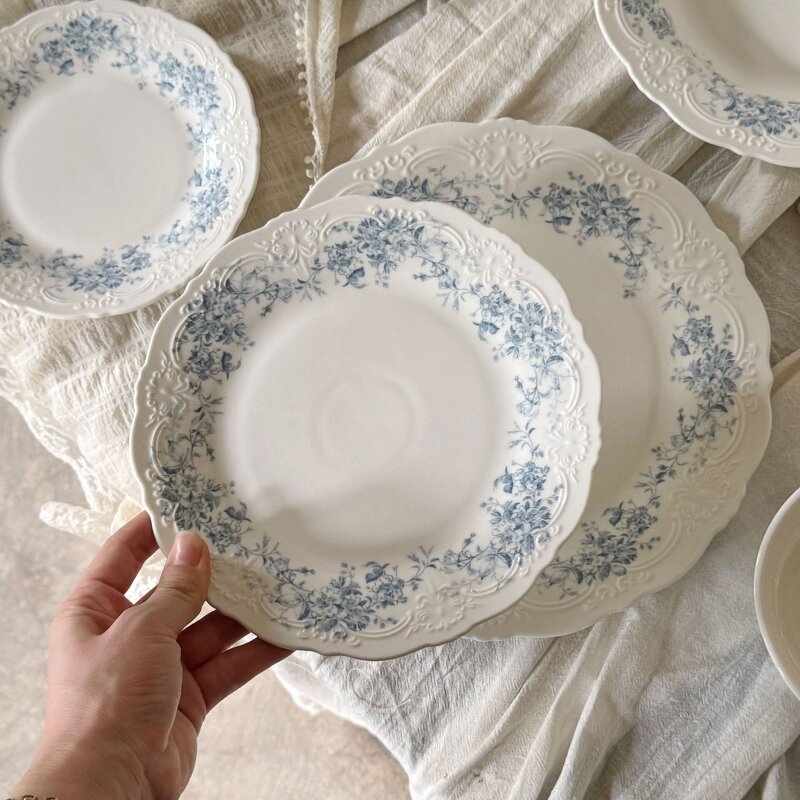 Ceramic Dinnerware Manufacturer - Vintage Embossed French Blue Begonia Flower Coffee Cup Saucer Plates Bowls