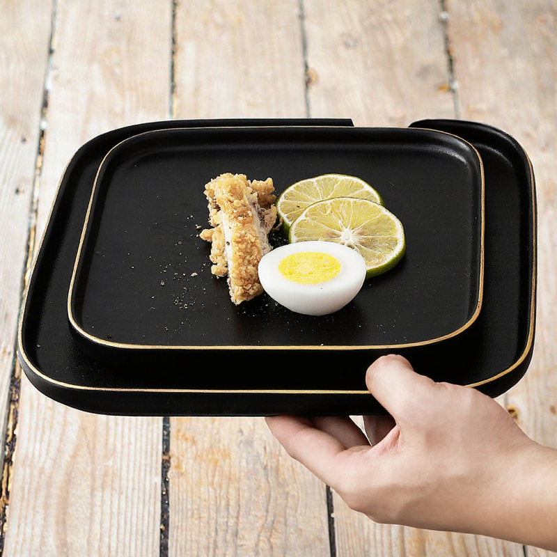 Steak Plate Manufacturer - Kitchen Supplies Tableware 6 Inch 10 Inch Gold Rim Square Matte Black for Restaurant