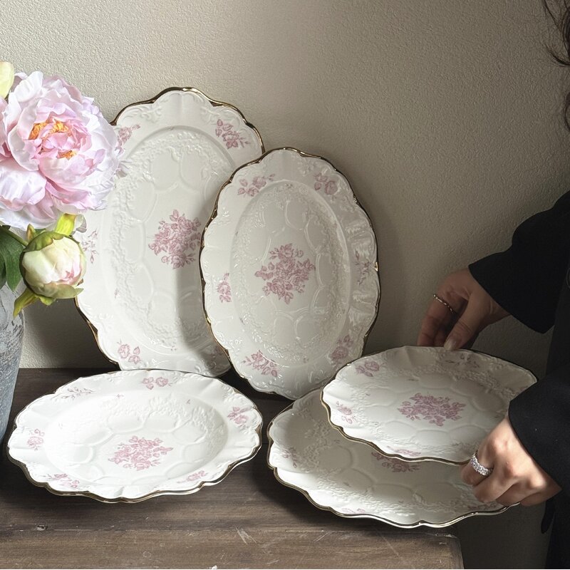 Ceramic Dessert Plate Set Manufacturer - French Style Vintage Romantic Pink Floral Embossed with Gold Rim