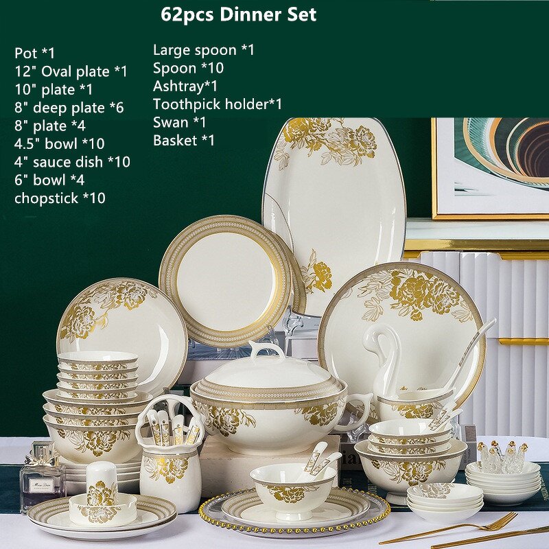Bone China Dinnerware Set Manufacturer - Luxury 62pcs Fine Flower Bowls Plates Gold Rimmed