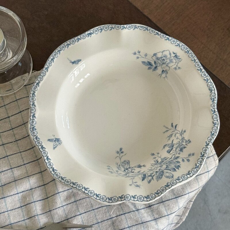 Ceramic Tableware Set Manufacturer - French Retro Blue Butterfly Flower Porcelain Dessert Cake Plate