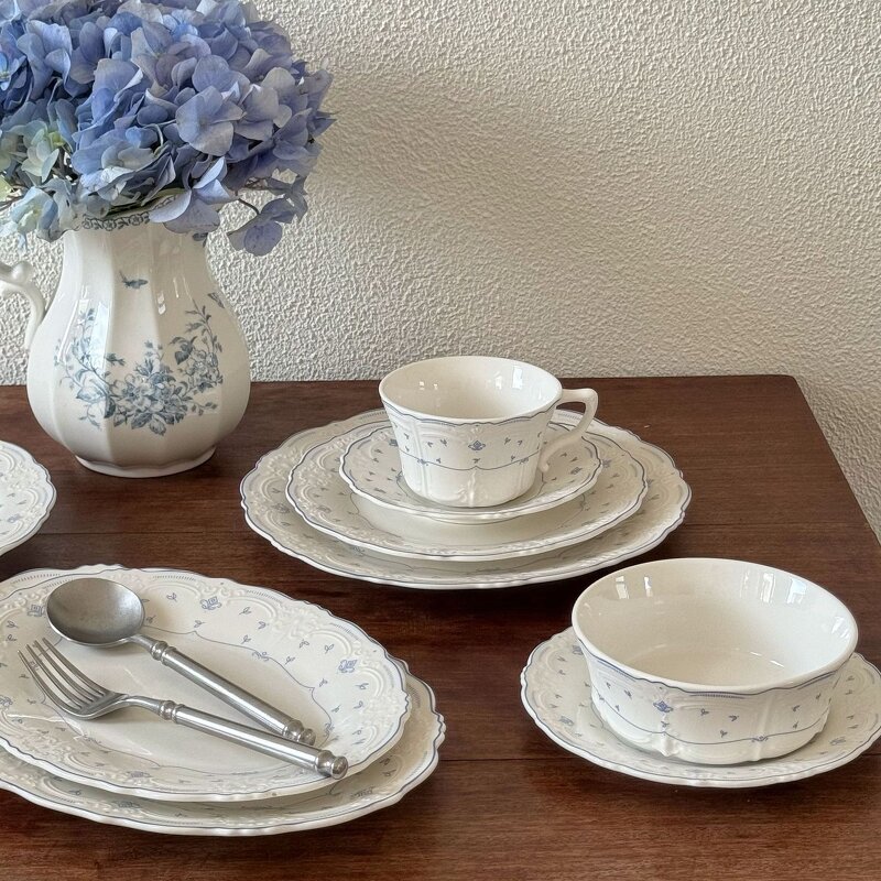 Ceramic Tableware Set Manufacturer - French Relief Blue Flower Embossed Pasta Plate and Dishes