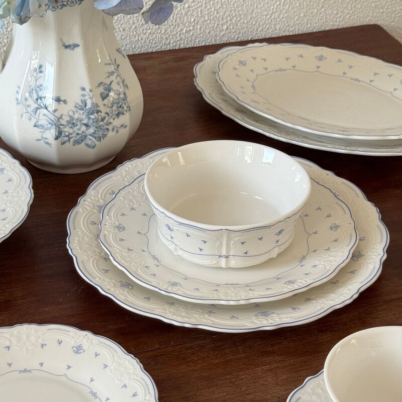 Ceramic Tableware Set Manufacturer - French Relief Blue Flower Embossed Pasta Plate and Dishes