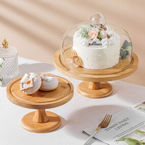 Bamboo Cake Stand Manufacturer - Multi-Functional Natural Plates Wooden Wedding Cupcake Display Tray with Glass Lid