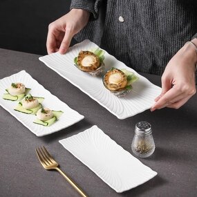 Ceramic Sushi Plate Manufacturer - Rectangle White Serving Embossed Porcelain Dinner Dish for Restaurant