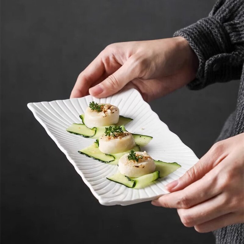 Ceramic Sushi Plate Manufacturer - Rectangle White Serving Embossed Porcelain Dinner Dish for Restaurant