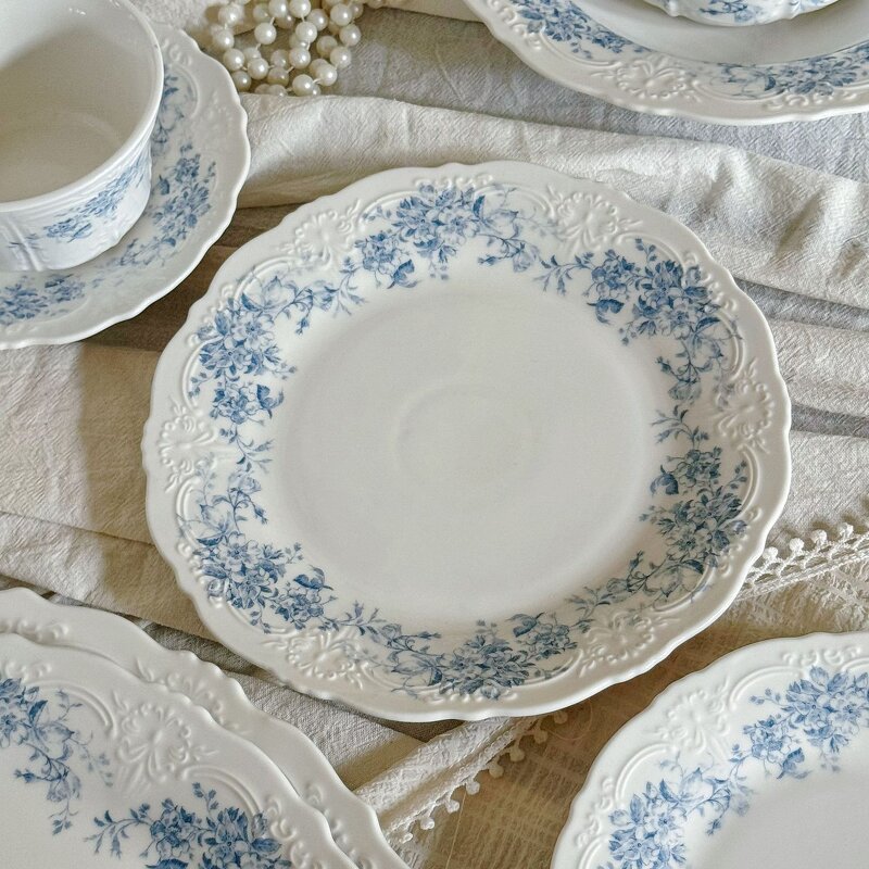 Ceramic Dinnerware Manufacturer - Vintage Embossed French Blue Begonia Flower Coffee Cup Saucer Plates Bowls