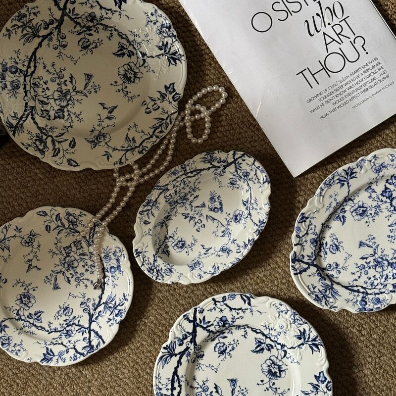 Ceramic Dinner Plate Set Manufacturer - European Embossed Blue Floral Printed Vintage Porcelain for Wedding