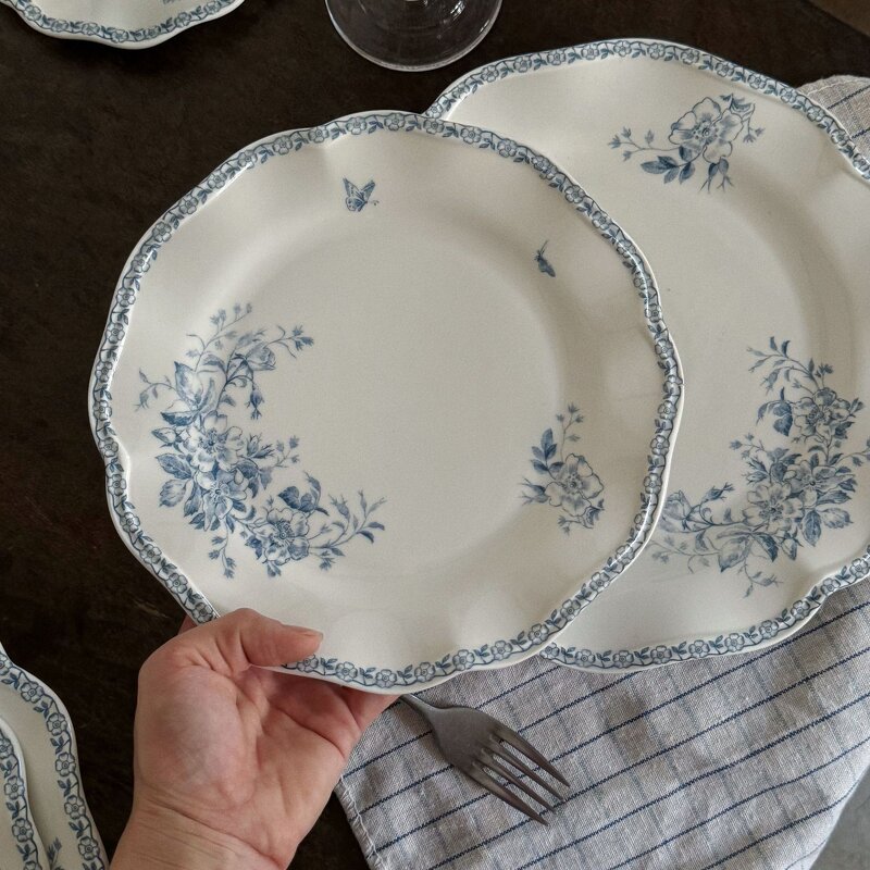 Ceramic Tableware Set Manufacturer - French Retro Blue Butterfly Flower Porcelain Dessert Cake Plate