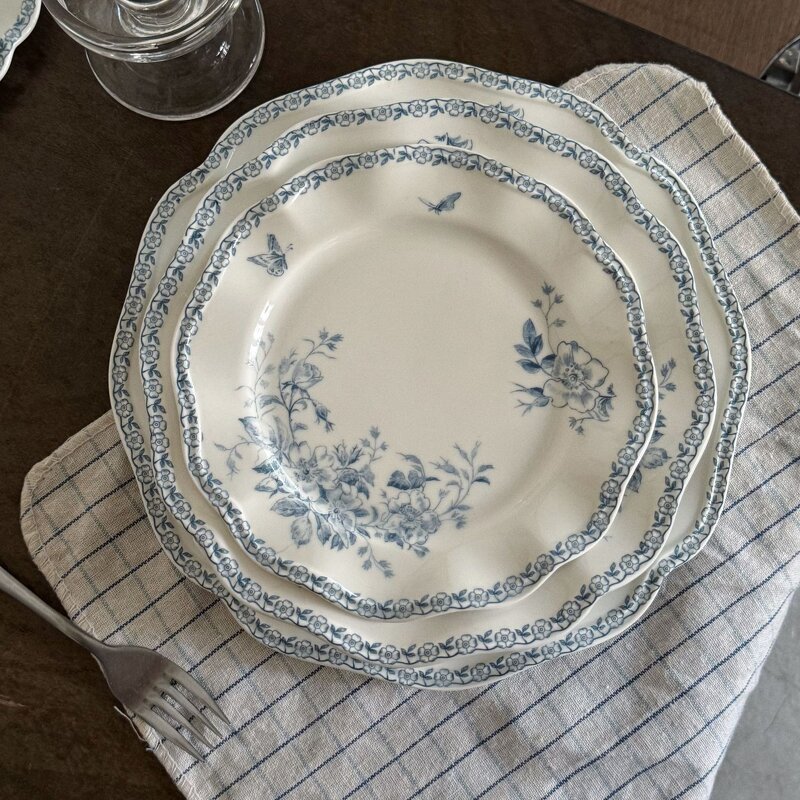 Ceramic Tableware Set Manufacturer - French Retro Blue Butterfly Flower Porcelain Dessert Cake Plate