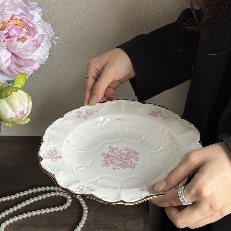 Ceramic Dessert Plate Set Manufacturer - French Style Vintage Romantic Pink Floral Embossed with Gold Rim