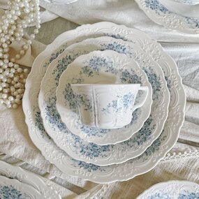 Ceramic Dinnerware Manufacturer - Vintage Embossed French Blue Begonia Flower Coffee Cup Saucer Plates Bowls